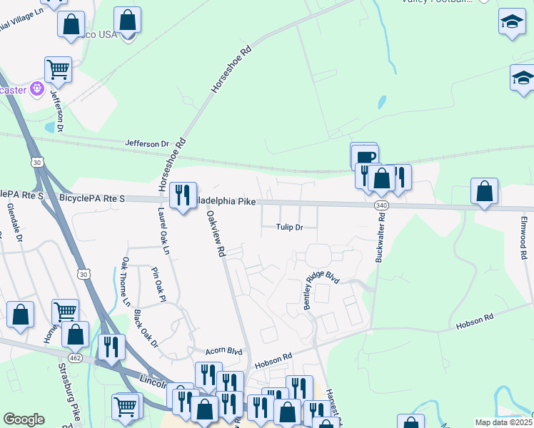 map of restaurants, bars, coffee shops, grocery stores, and more near 151 Rose Dr in Lancaster