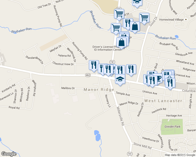 map of restaurants, bars, coffee shops, grocery stores, and more near 2278 Manor Ridge Drive in Lancaster