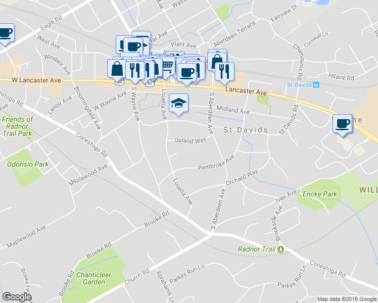 map of restaurants, bars, coffee shops, grocery stores, and more near 220 Upland Way in Wayne