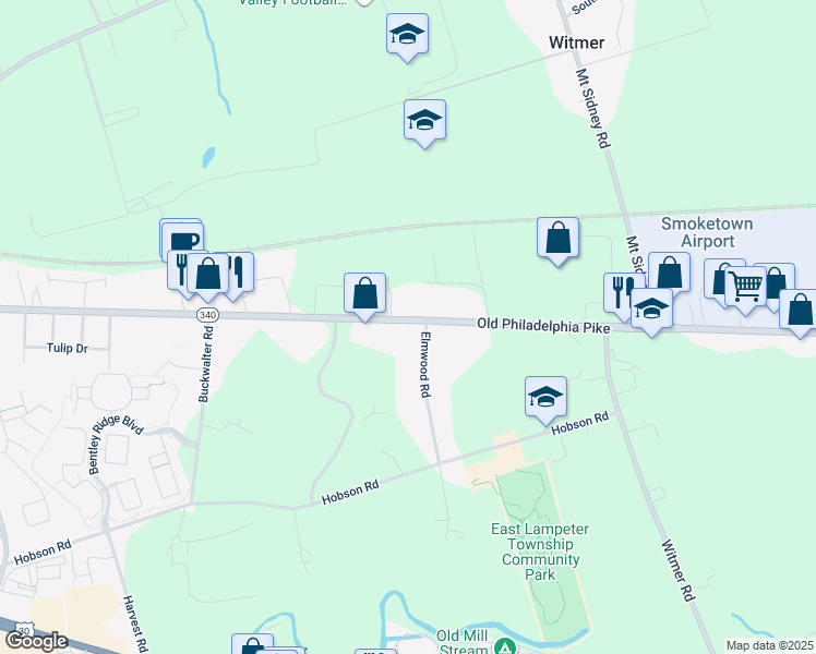 map of restaurants, bars, coffee shops, grocery stores, and more near 2280 Old Philadelphia Pike in Lancaster