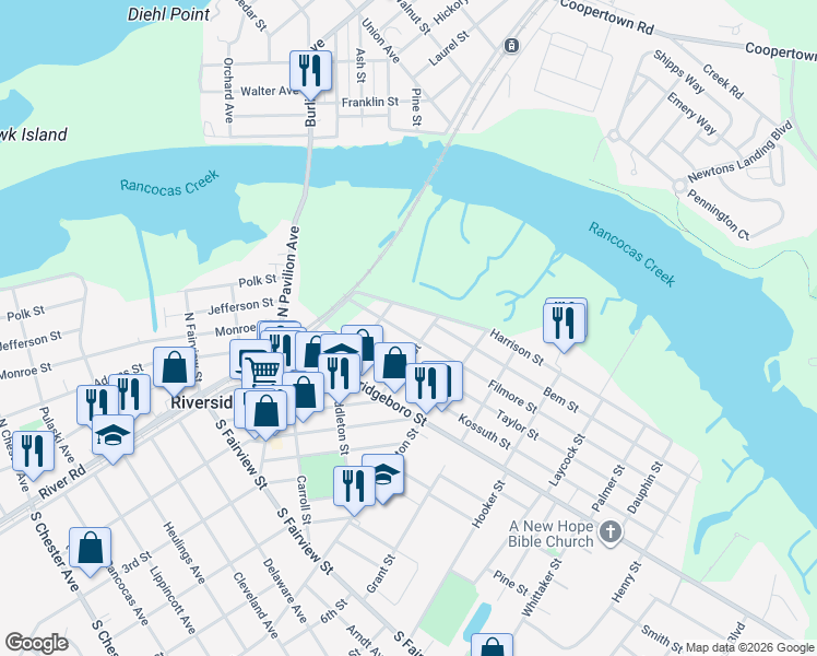 map of restaurants, bars, coffee shops, grocery stores, and more near 225 Filmore Street in Riverside