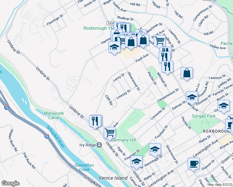 map of restaurants, bars, coffee shops, grocery stores, and more near 6948 Manti Street in Philadelphia