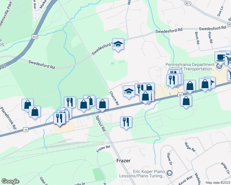 map of restaurants, bars, coffee shops, grocery stores, and more near 25 Church Road in Malvern