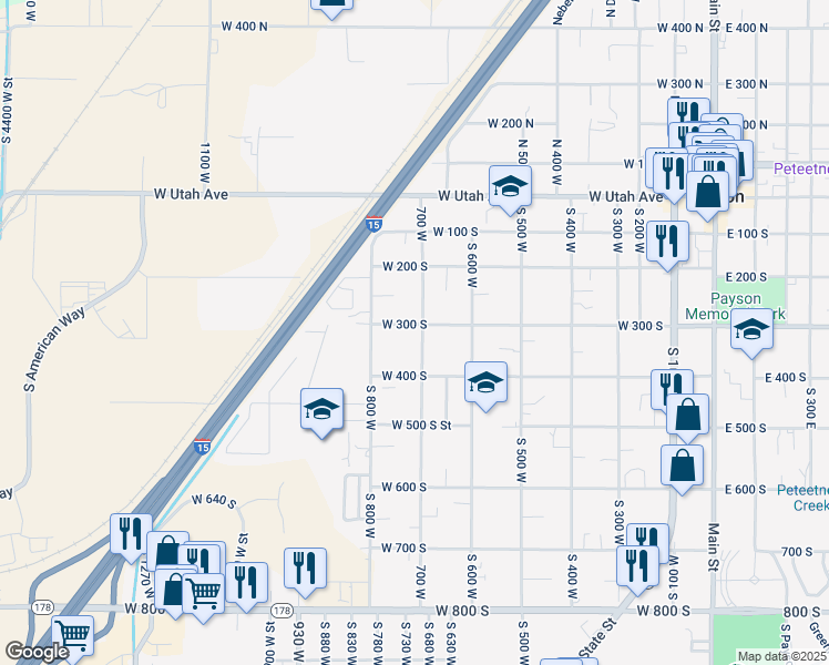 map of restaurants, bars, coffee shops, grocery stores, and more near 312 700 West in Payson