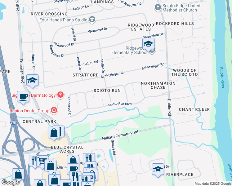 map of restaurants, bars, coffee shops, grocery stores, and more near 4177 Goldthread Court in Hilliard