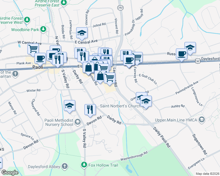 map of restaurants, bars, coffee shops, grocery stores, and more near 39 Leopard Road in Paoli