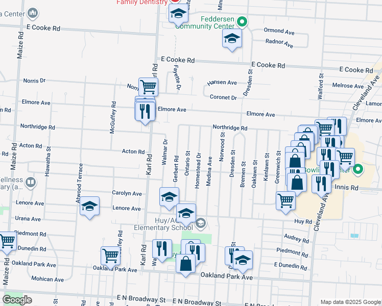 map of restaurants, bars, coffee shops, grocery stores, and more near 3566 Ontario Street in Columbus