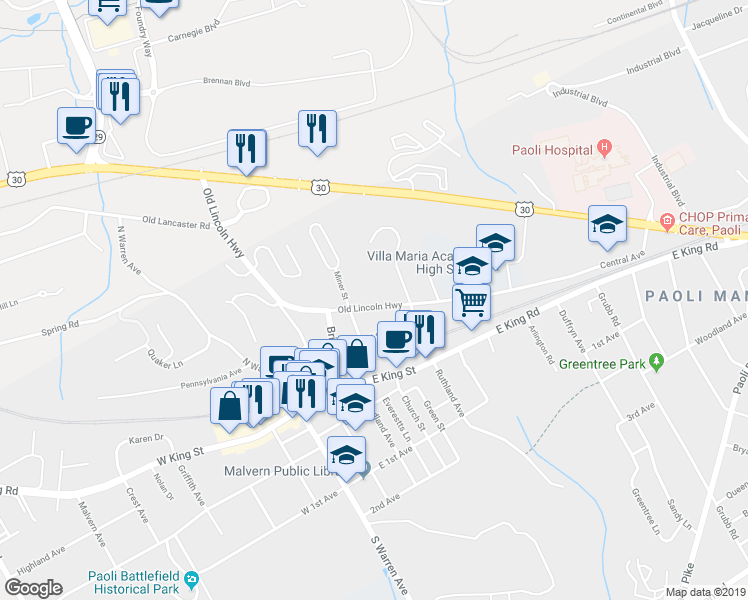 map of restaurants, bars, coffee shops, grocery stores, and more near 327 Old Lincoln Highway in Malvern