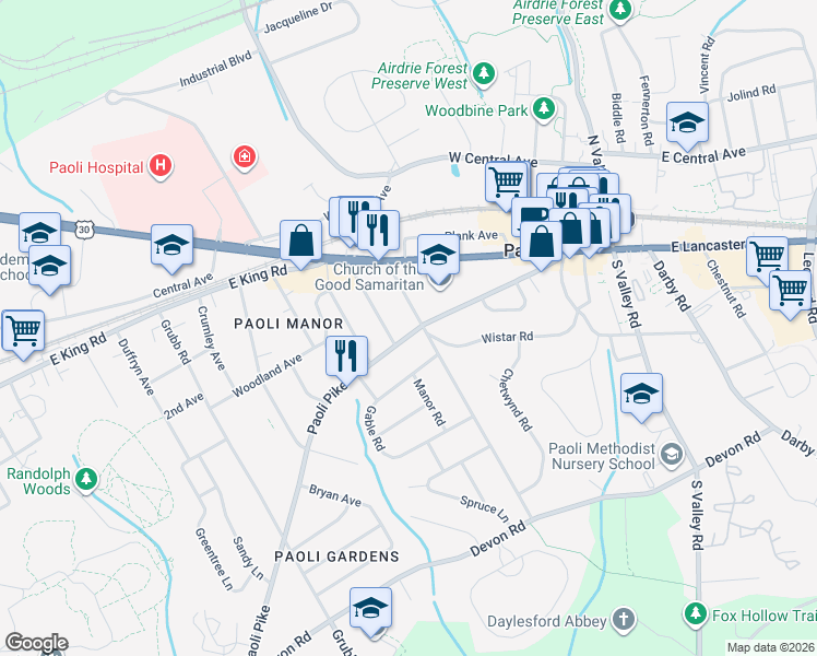 map of restaurants, bars, coffee shops, grocery stores, and more near 105 Paoli Pike in Paoli