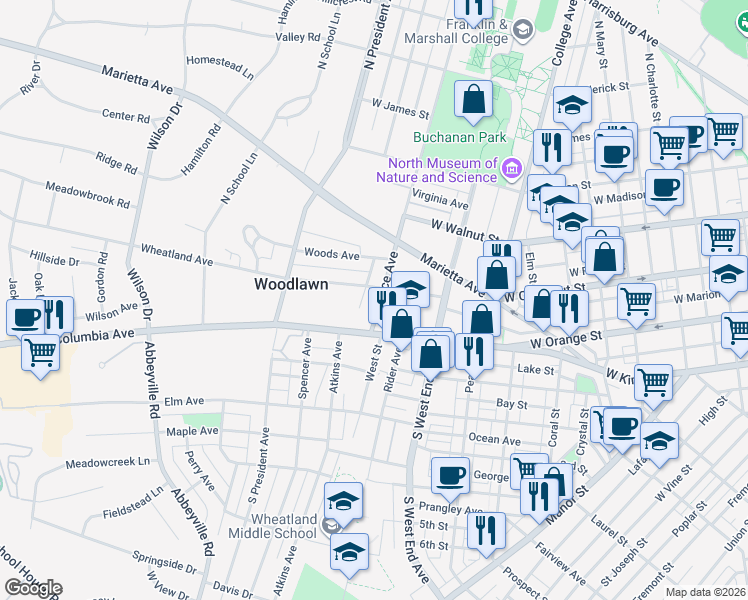 map of restaurants, bars, coffee shops, grocery stores, and more near 30 Race Avenue in Lancaster
