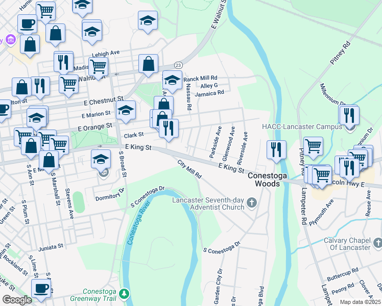 map of restaurants, bars, coffee shops, grocery stores, and more near 1049 East King Street in Lancaster