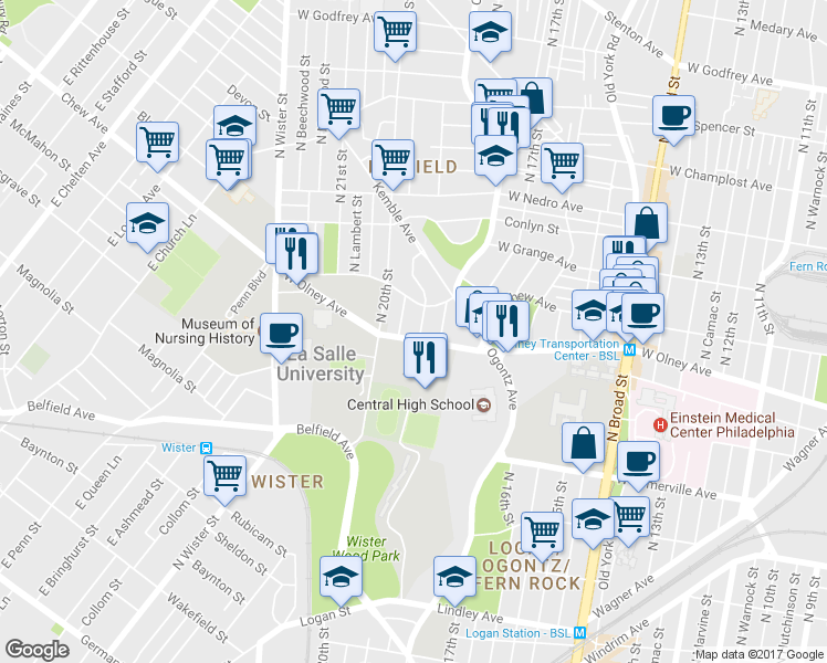 map of restaurants, bars, coffee shops, grocery stores, and more near 1903 West Olney Avenue in Philadelphia