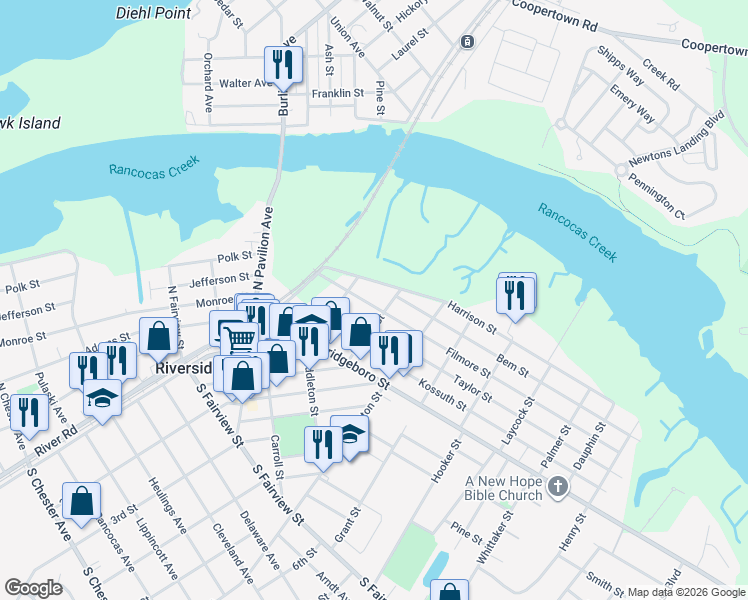 map of restaurants, bars, coffee shops, grocery stores, and more near 225 Filmore Street in Riverside