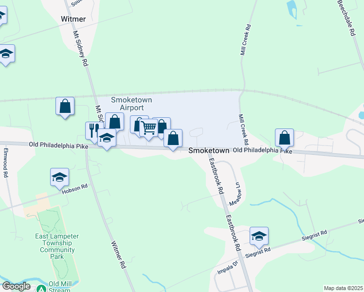 map of restaurants, bars, coffee shops, grocery stores, and more near 2481 Old Philadelphia Pike in Lancaster