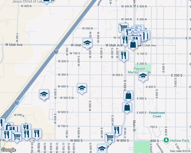 map of restaurants, bars, coffee shops, grocery stores, and more near 327 South 500 West in Payson