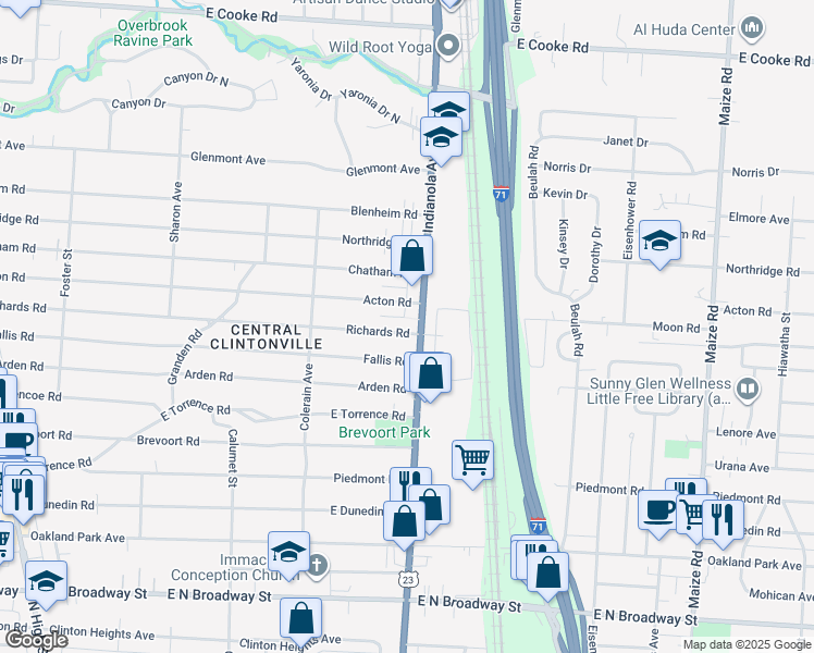 map of restaurants, bars, coffee shops, grocery stores, and more near 610 Richards Road in Columbus