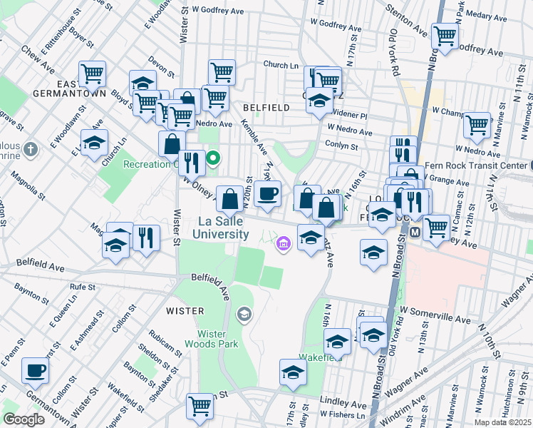 map of restaurants, bars, coffee shops, grocery stores, and more near 1903 West Olney Avenue in Philadelphia
