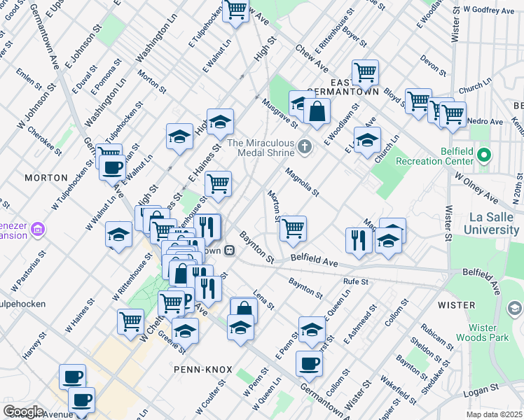 map of restaurants, bars, coffee shops, grocery stores, and more near 5646 Heiskell Street in Philadelphia