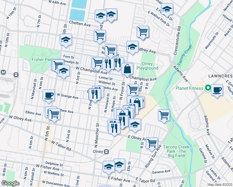 map of restaurants, bars, coffee shops, grocery stores, and more near 5851 North Hope Street in Philadelphia