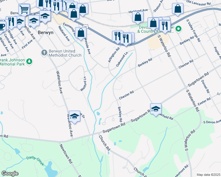 map of restaurants, bars, coffee shops, grocery stores, and more near 345 Berkley Road in Devon