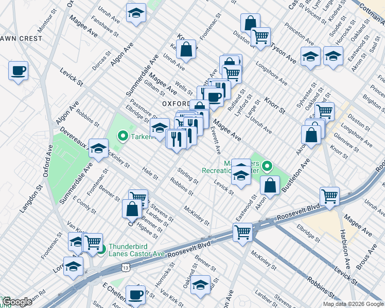 map of restaurants, bars, coffee shops, grocery stores, and more near 1414 Elbridge Street in Philadelphia