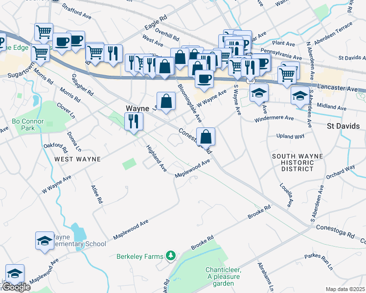 map of restaurants, bars, coffee shops, grocery stores, and more near 210 Conestoga Road in Wayne