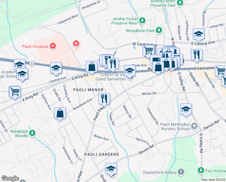 map of restaurants, bars, coffee shops, grocery stores, and more near 28 Manor Road in Paoli