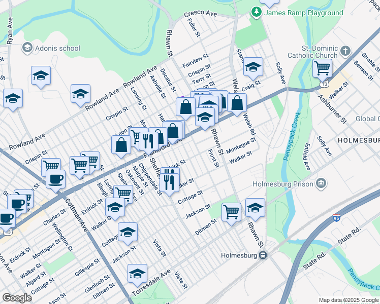 map of restaurants, bars, coffee shops, grocery stores, and more near 4027 Hartel Avenue in Philadelphia