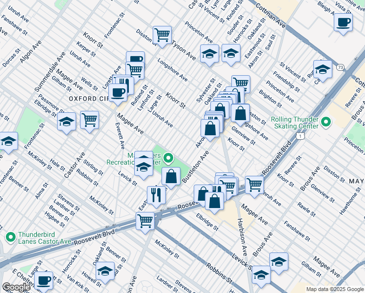 map of restaurants, bars, coffee shops, grocery stores, and more near 6628 Eastwood Street in Philadelphia