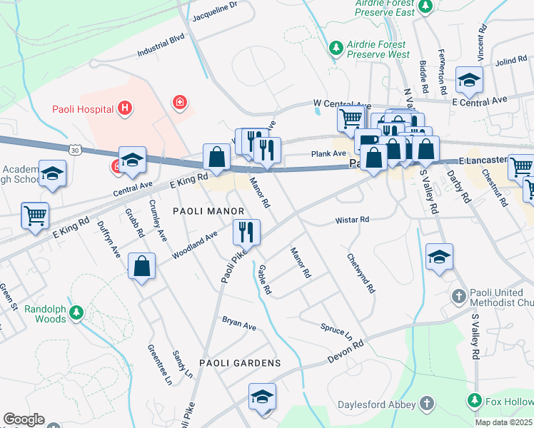 map of restaurants, bars, coffee shops, grocery stores, and more near 28 Manor Road in Paoli
