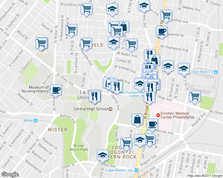 map of restaurants, bars, coffee shops, grocery stores, and more near 5625 Ogontz Avenue in Philadelphia