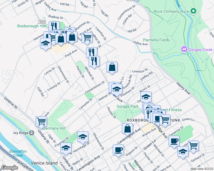 map of restaurants, bars, coffee shops, grocery stores, and more near 6618 Ridge Avenue in Philadelphia