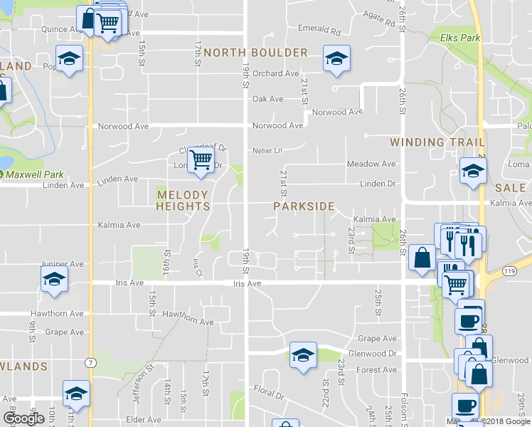 map of restaurants, bars, coffee shops, grocery stores, and more near 3581 Ivy Circle in Boulder