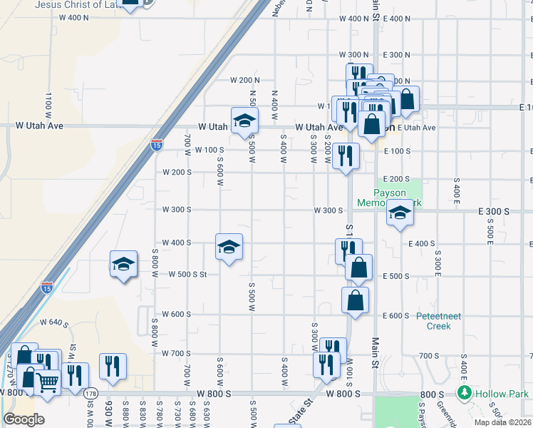 map of restaurants, bars, coffee shops, grocery stores, and more near 327 South 500 West in Payson