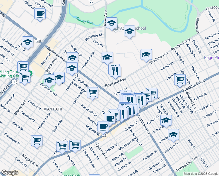 map of restaurants, bars, coffee shops, grocery stores, and more near 7319 Crabtree Street in Philadelphia