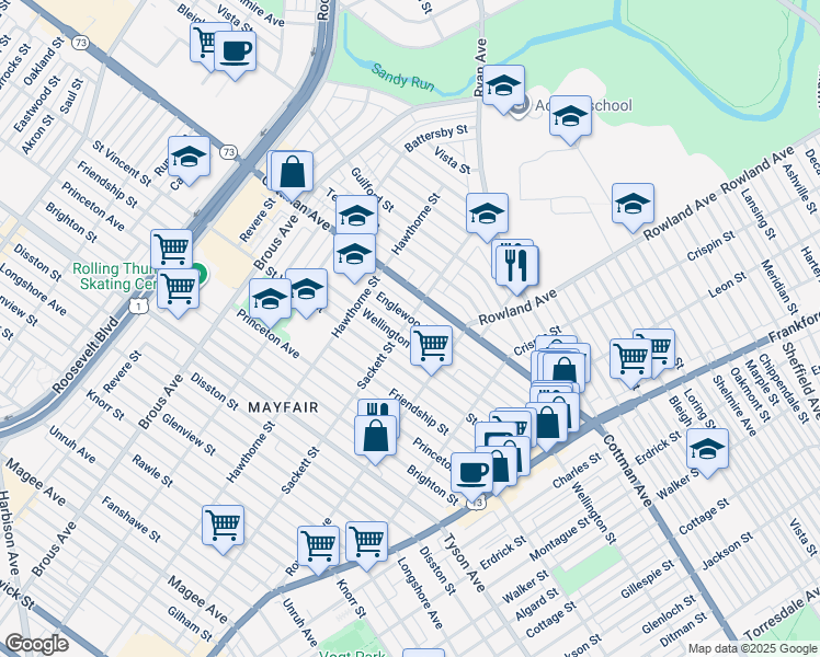 map of restaurants, bars, coffee shops, grocery stores, and more near 3206 Englewood Street in Philadelphia