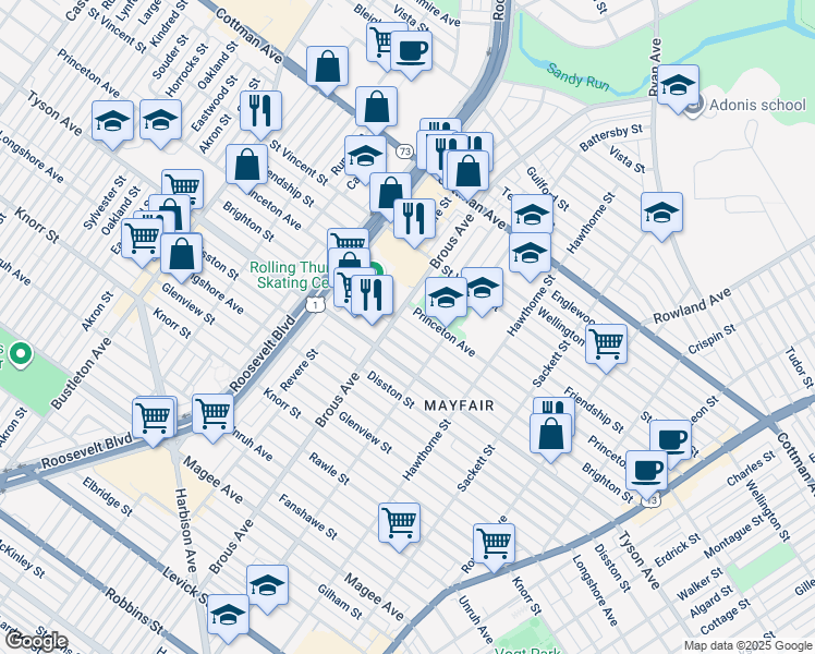 map of restaurants, bars, coffee shops, grocery stores, and more near 2902 Brighton Street in Philadelphia