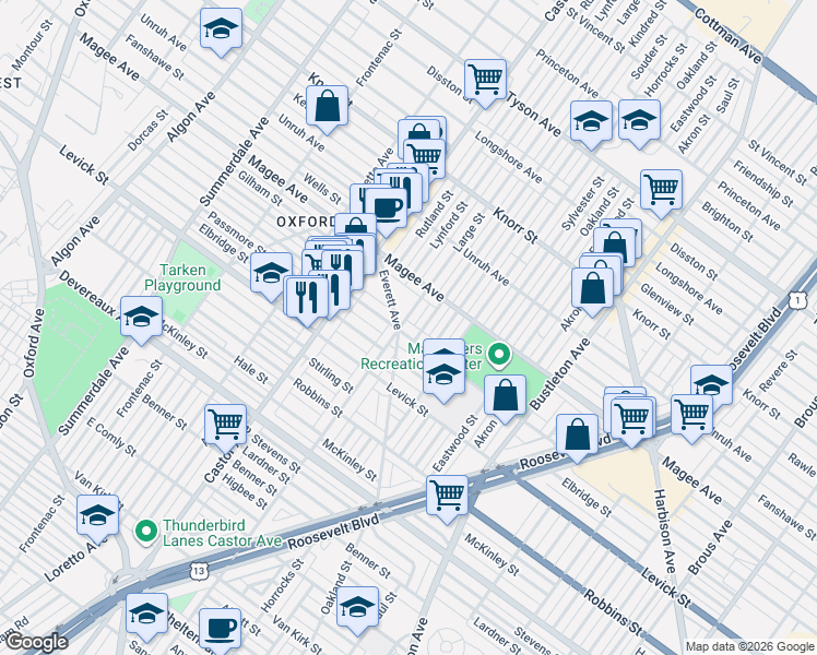 map of restaurants, bars, coffee shops, grocery stores, and more near 1513 Hellerman Street in Philadelphia