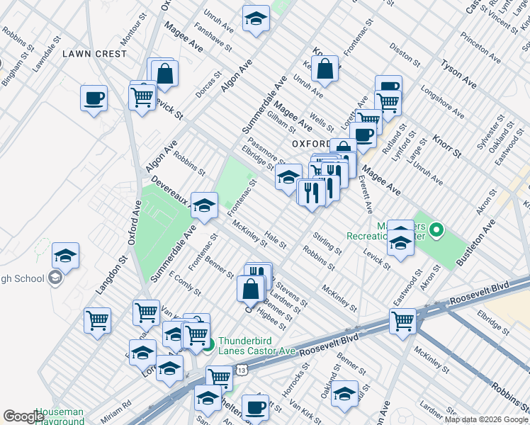map of restaurants, bars, coffee shops, grocery stores, and more near 1242 Robbins Street in Philadelphia