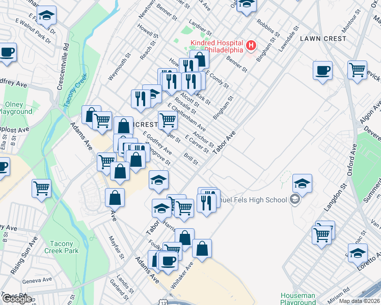 map of restaurants, bars, coffee shops, grocery stores, and more near 614 Sanger Street in Philadelphia