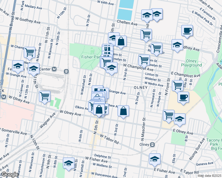 map of restaurants, bars, coffee shops, grocery stores, and more near 419 West Grange Avenue in Philadelphia
