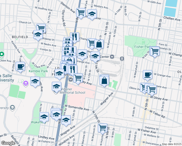 map of restaurants, bars, coffee shops, grocery stores, and more near 5700 North 12th Street in Philadelphia
