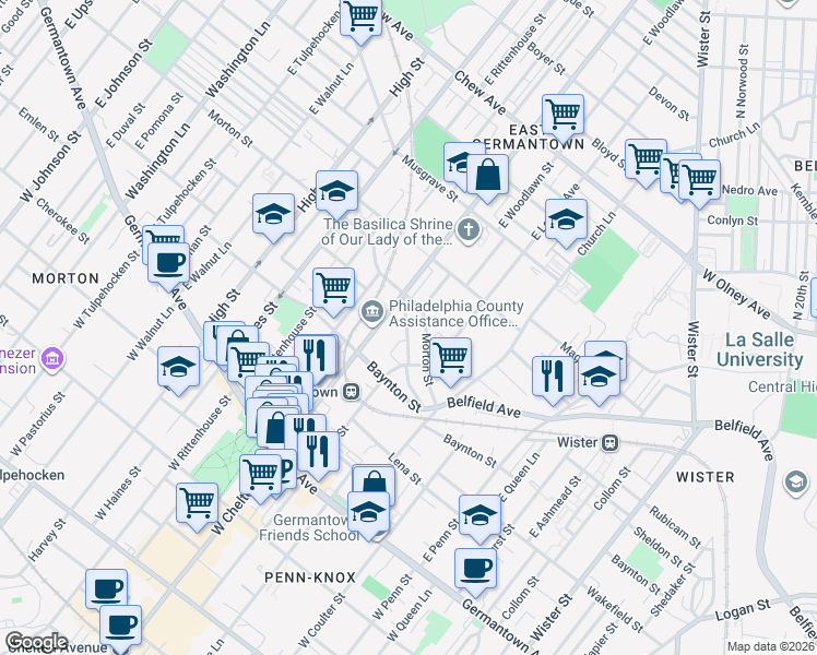 map of restaurants, bars, coffee shops, grocery stores, and more near 5645 Heiskell Street in Philadelphia