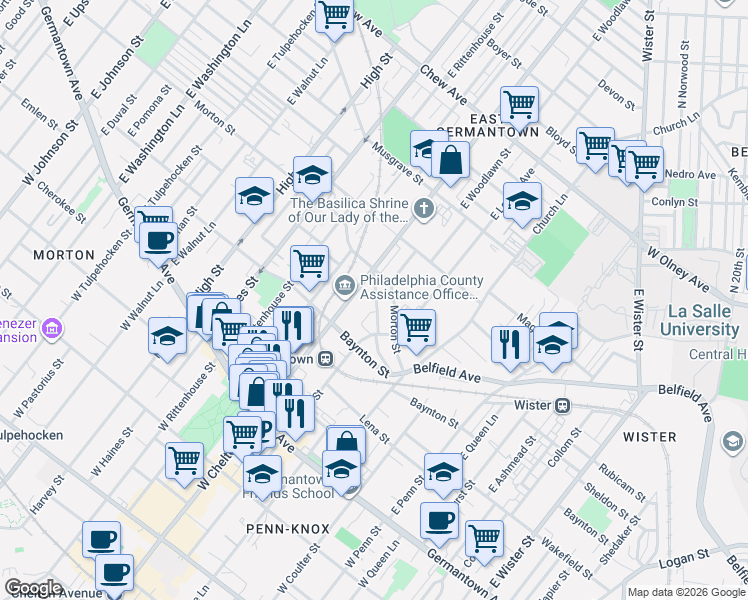 map of restaurants, bars, coffee shops, grocery stores, and more near 5645 Heiskell Street in Philadelphia
