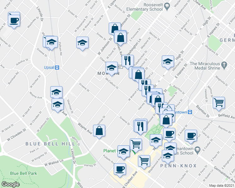 map of restaurants, bars, coffee shops, grocery stores, and more near 6128 McCallum Street in Philadelphia