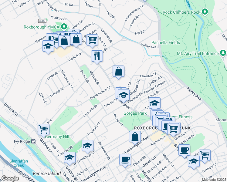 map of restaurants, bars, coffee shops, grocery stores, and more near 6618 Ridge Avenue in Philadelphia