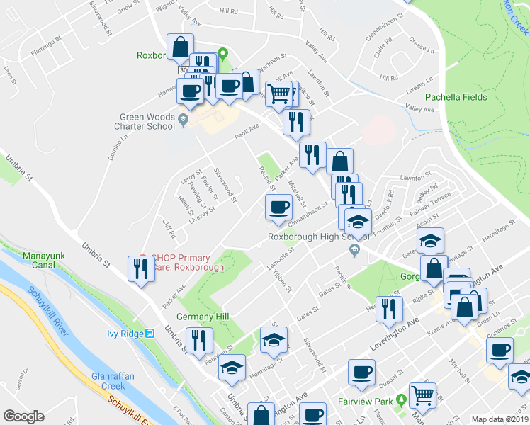 map of restaurants, bars, coffee shops, grocery stores, and more near 6717 Cinnamon Drive in Philadelphia