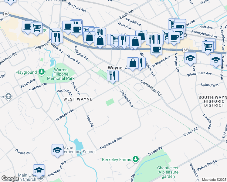 map of restaurants, bars, coffee shops, grocery stores, and more near 415 West Wayne Avenue in Wayne