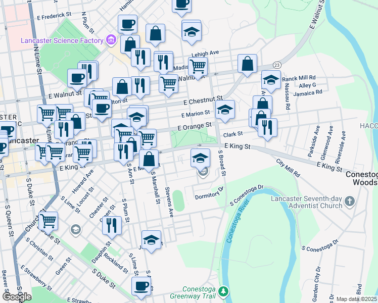 map of restaurants, bars, coffee shops, grocery stores, and more near 730 East King Street in Lancaster