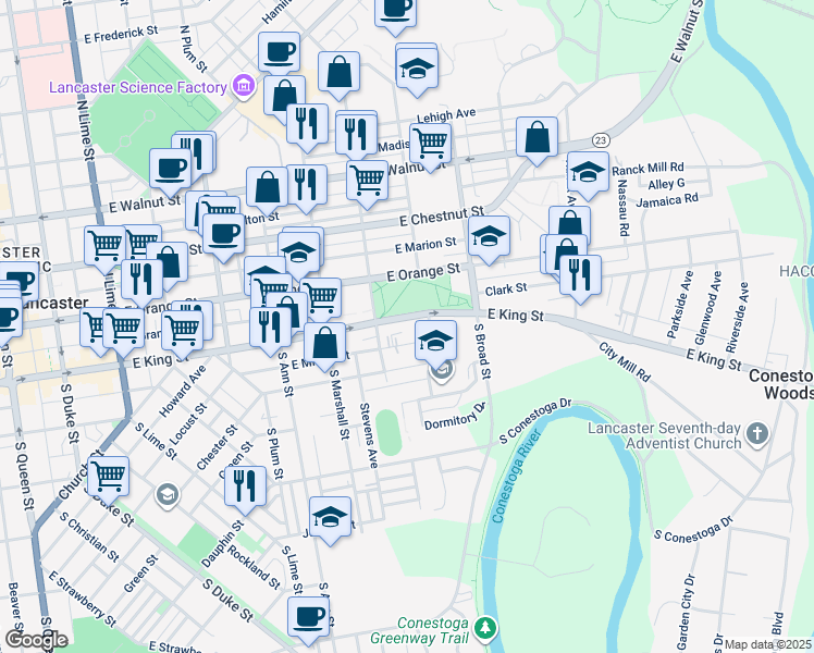 map of restaurants, bars, coffee shops, grocery stores, and more near 730 East King Street in Lancaster